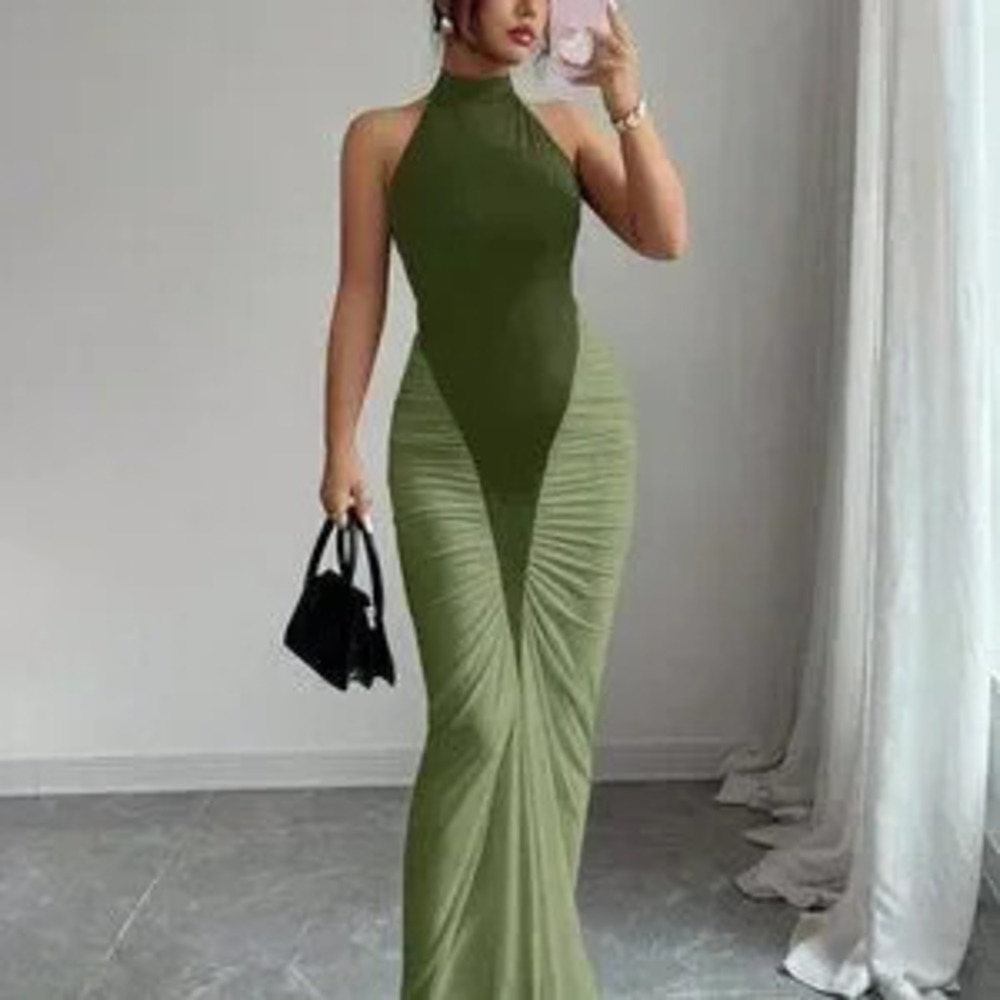 Army Green Elegant Women's Halter Neck Color Block Cinched Waist Fishtail Dress